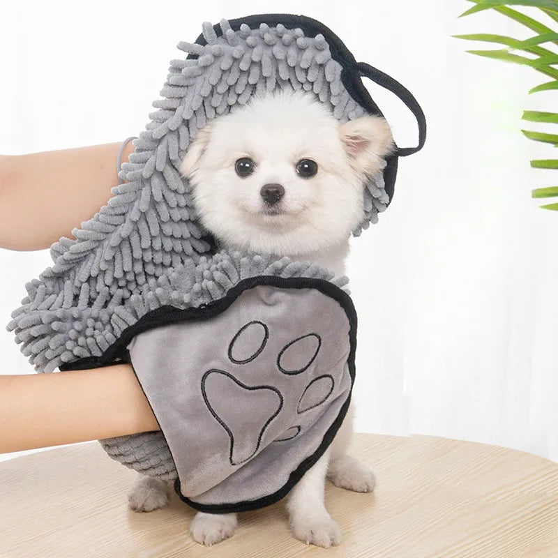 Microfiber quick-dry towel drying a dog after a bath