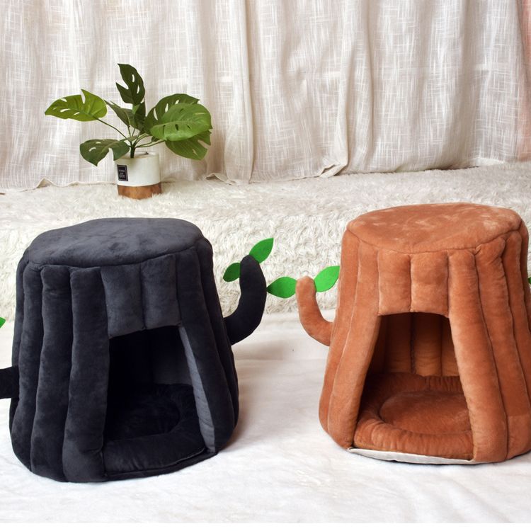 Enclosed plush cat house bed for cozy all-day napping