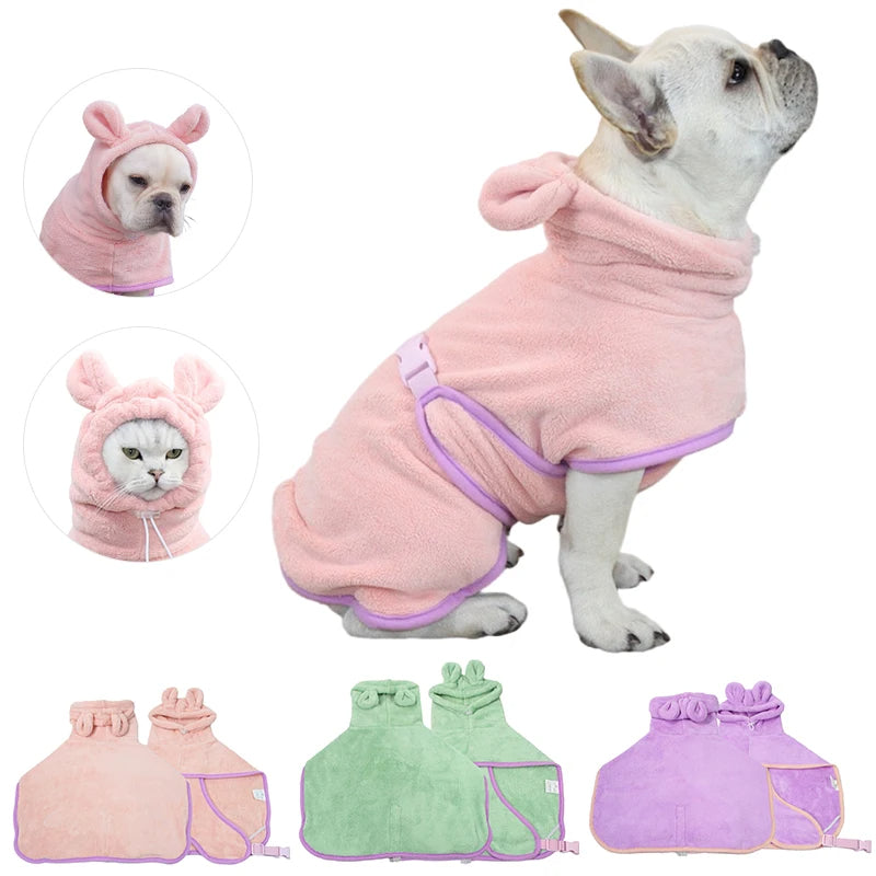 Microfibre pet bathrobe towel wrapped on a dog after washing