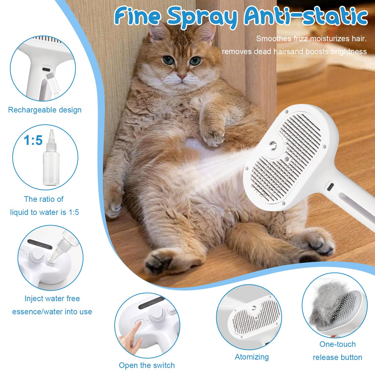 Cool mist pet brush, 3-in-1 self-cleaning grooming brush – alternate view