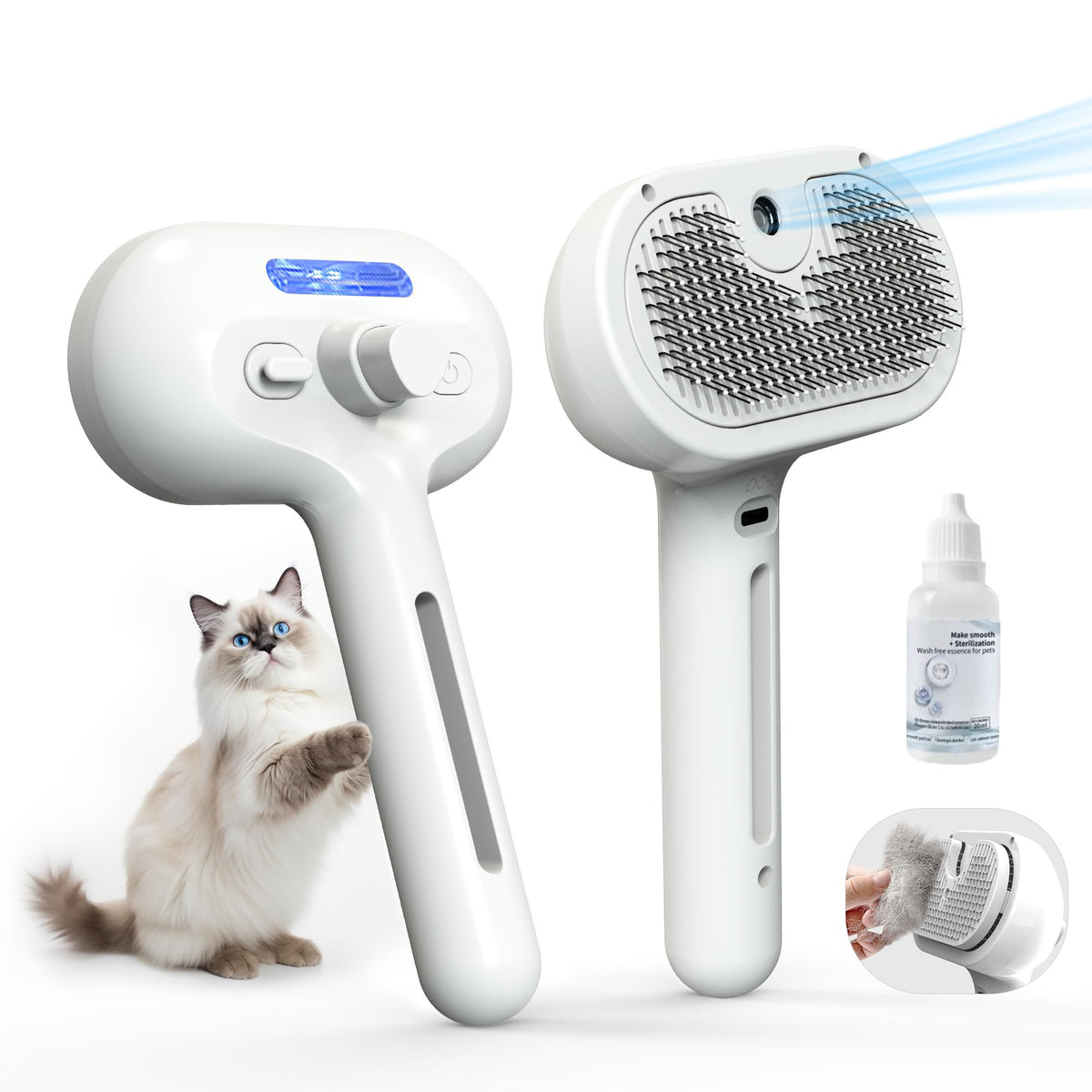 Cool mist self-cleaning pet brush with grooming essence