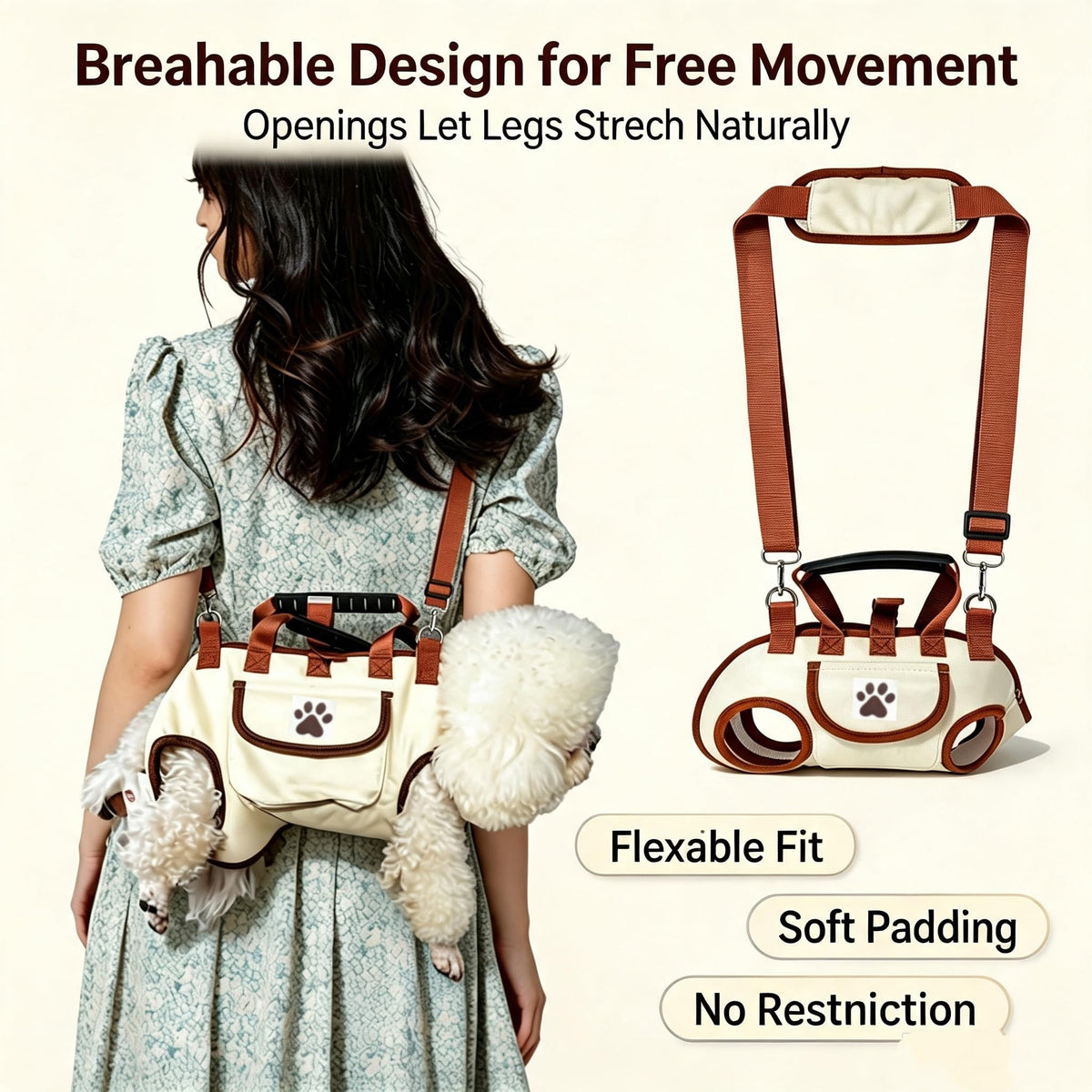 Hands-free dog carrier bag, purse & leash – alternate view