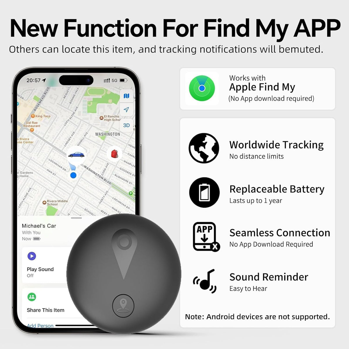 GPS dog tracker, no monthly fee, Apple Find My – alternate view
