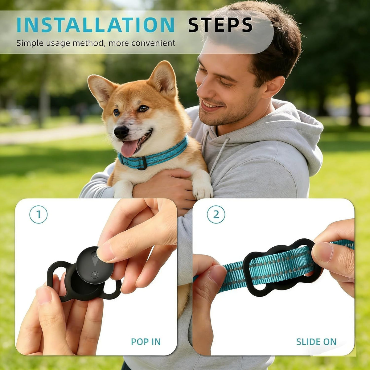 GPS dog tracker, no monthly fee, Apple Find My – alternate view