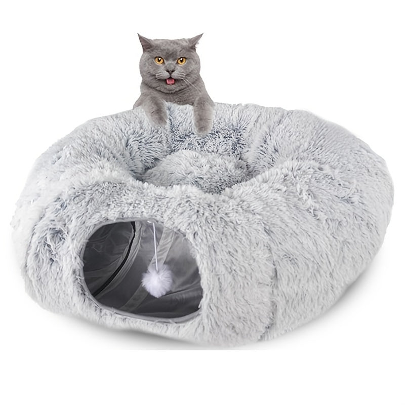 Cat tunnel nest, warm plush 2-in-1 design – alternate view