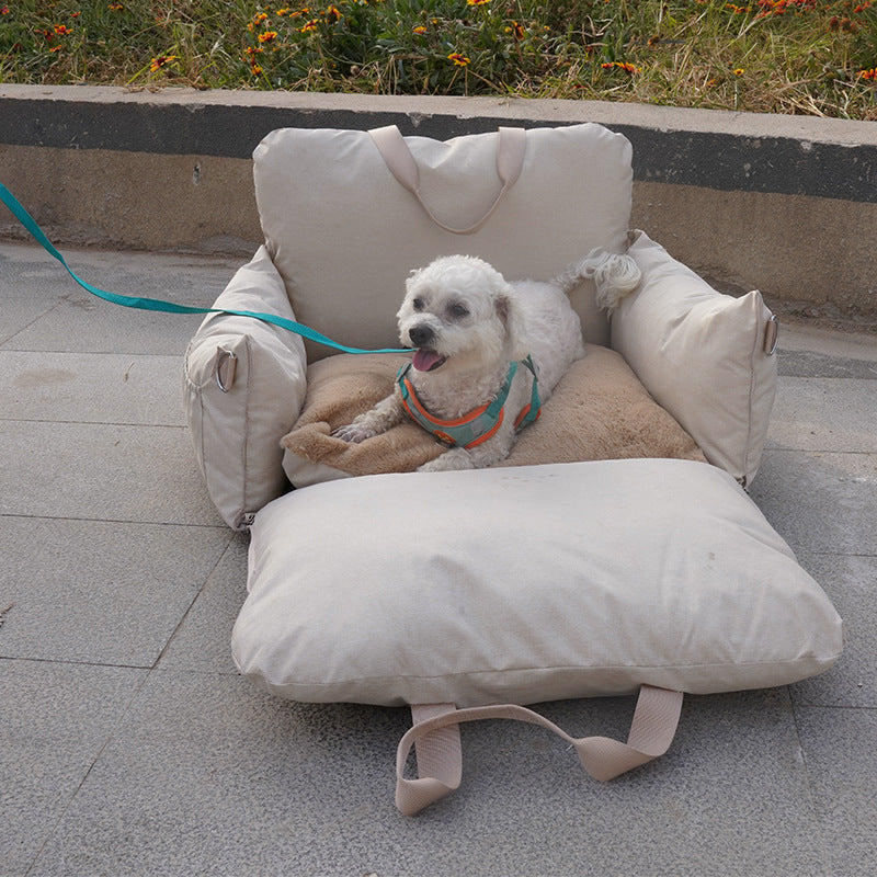 Linen front car seat dog bed – alternate view