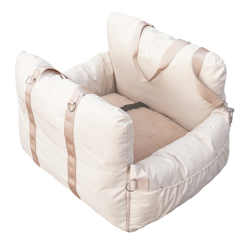 Linen front car seat dog bed – alternate view