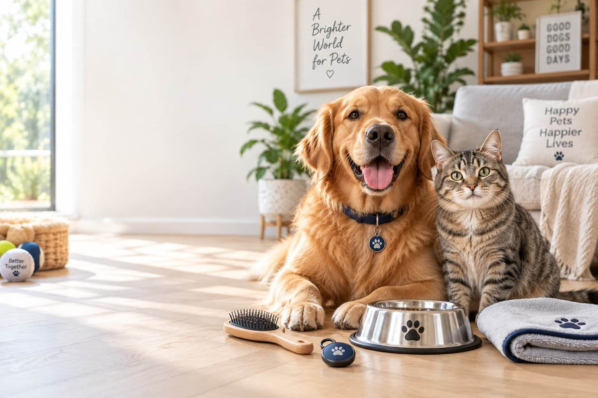 Golden retriever and tabby cat at home with grooming brush, GPS collar tag and feeding bowl