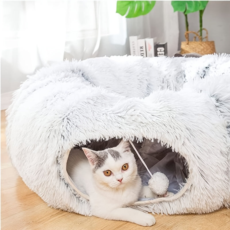 Cat tunnel nest, warm plush 2-in-1 design – alternate view