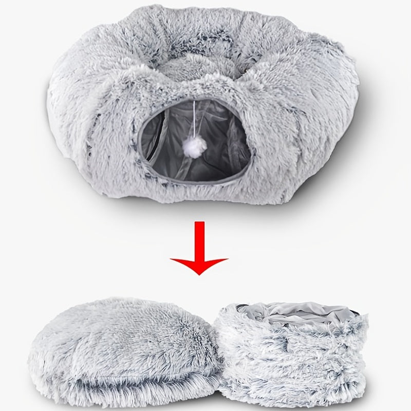 Cat tunnel nest, warm plush 2-in-1 design – alternate view