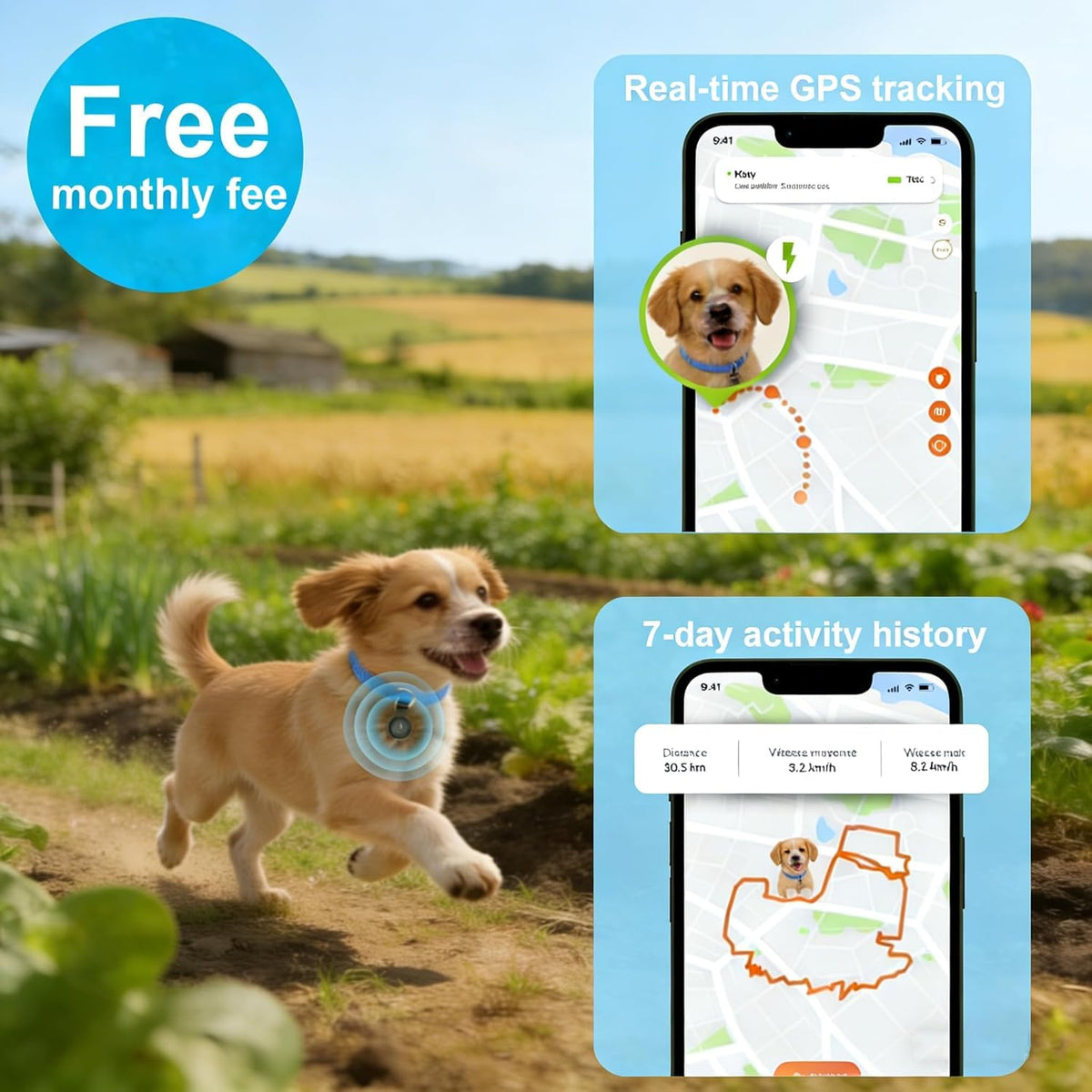 GPS dog tracker, no monthly fee, Apple Find My – alternate view