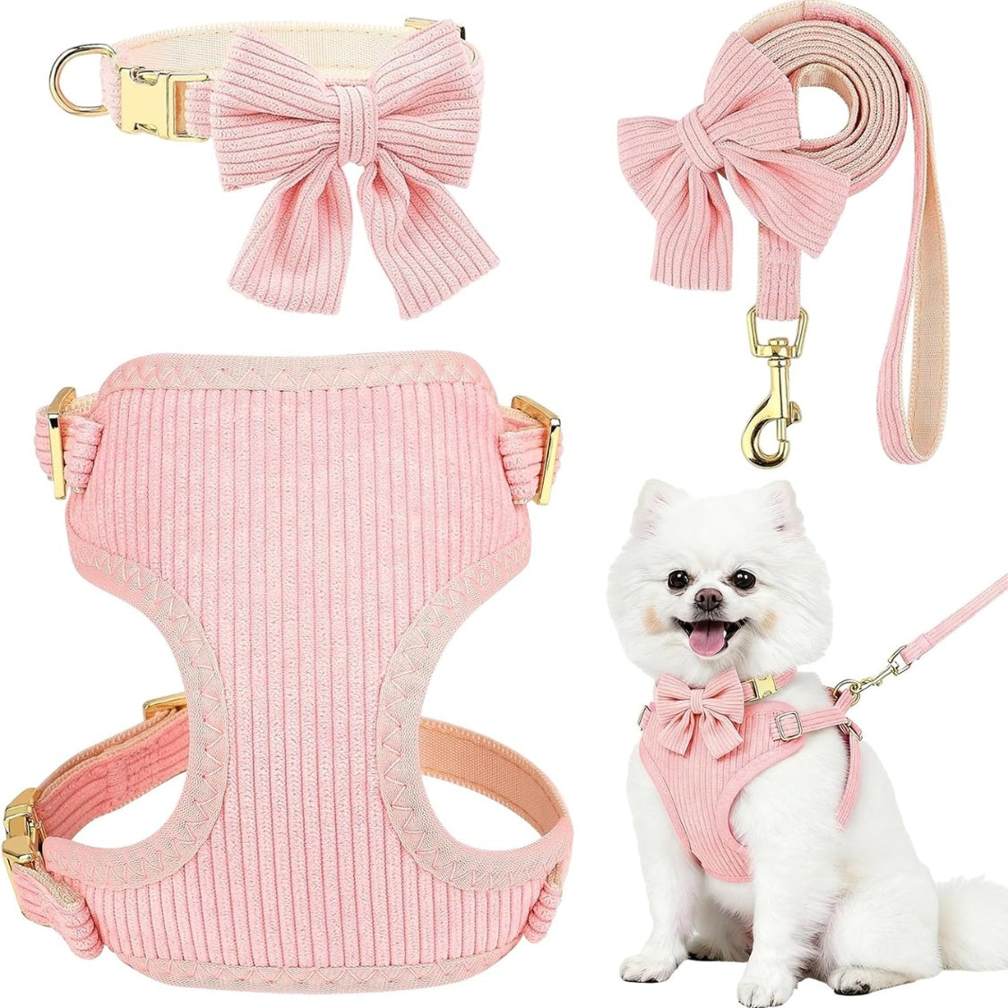 Small dog harness set, no-pull with bowtie